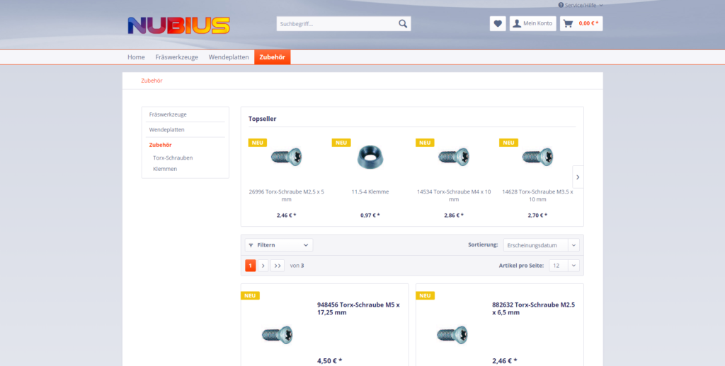 Das Frontend vom neuen Online-Shop von Nubius.