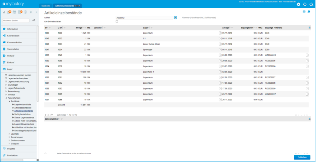 Neue Funktionen mit dem myfactory Service Pack 279 zur Version 7.1: Neue Lager-Auskunft "Artikeleinzelbestände":