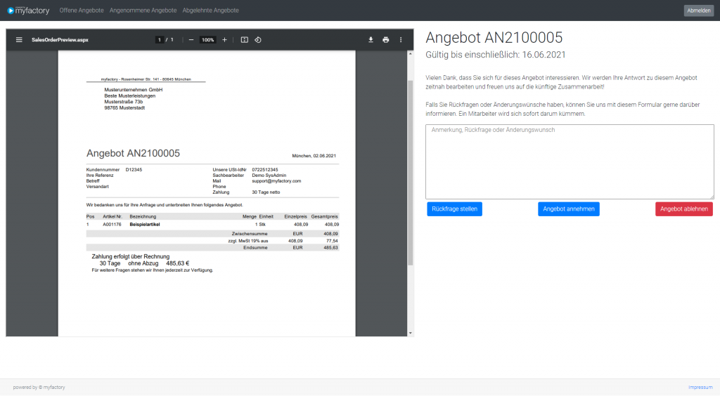 myfactory Service Pack 912: Neue Elemente: "Belegvorschau" und "Formular Angebot annehmen"