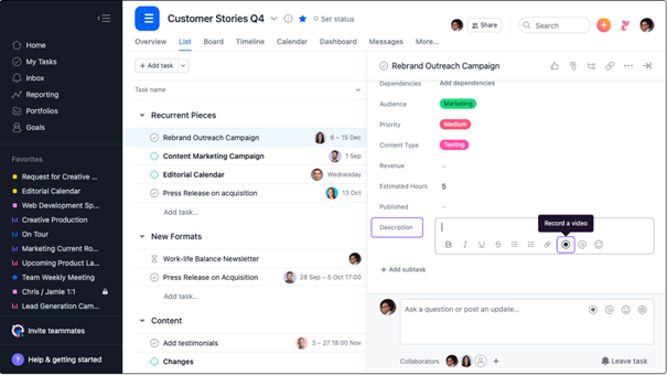 Vimeo-Integration von Asana: Aufzeichnung eines Videos innerhalb einer Aufgabe