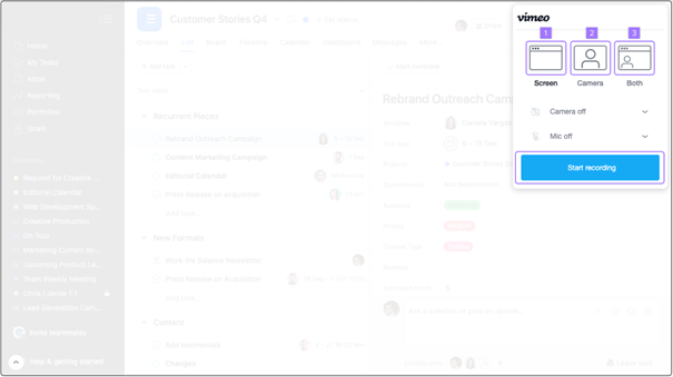 Vimeo-Integration von Asana: Aufzeichnung eines Videos innerhalb einer Aufgabe